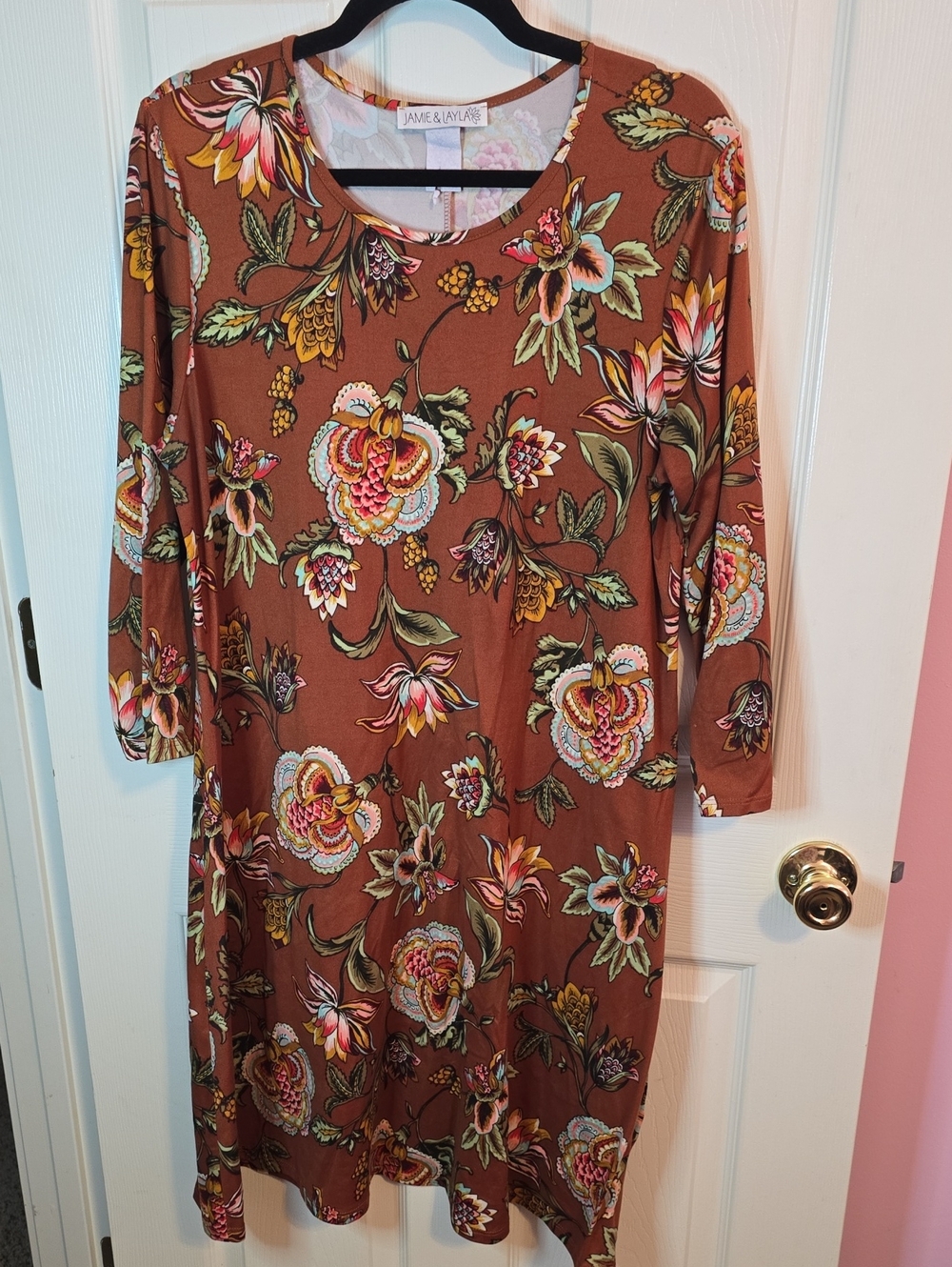 Rust Floral Long-Sleeve Shift Dress